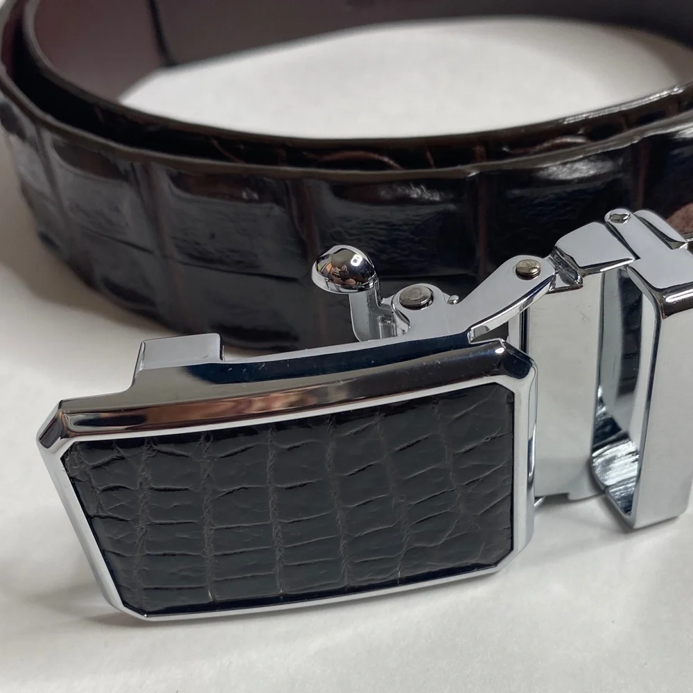 Elegant Black Crocodile-Embossed Leather Belt with Silver Buckle
